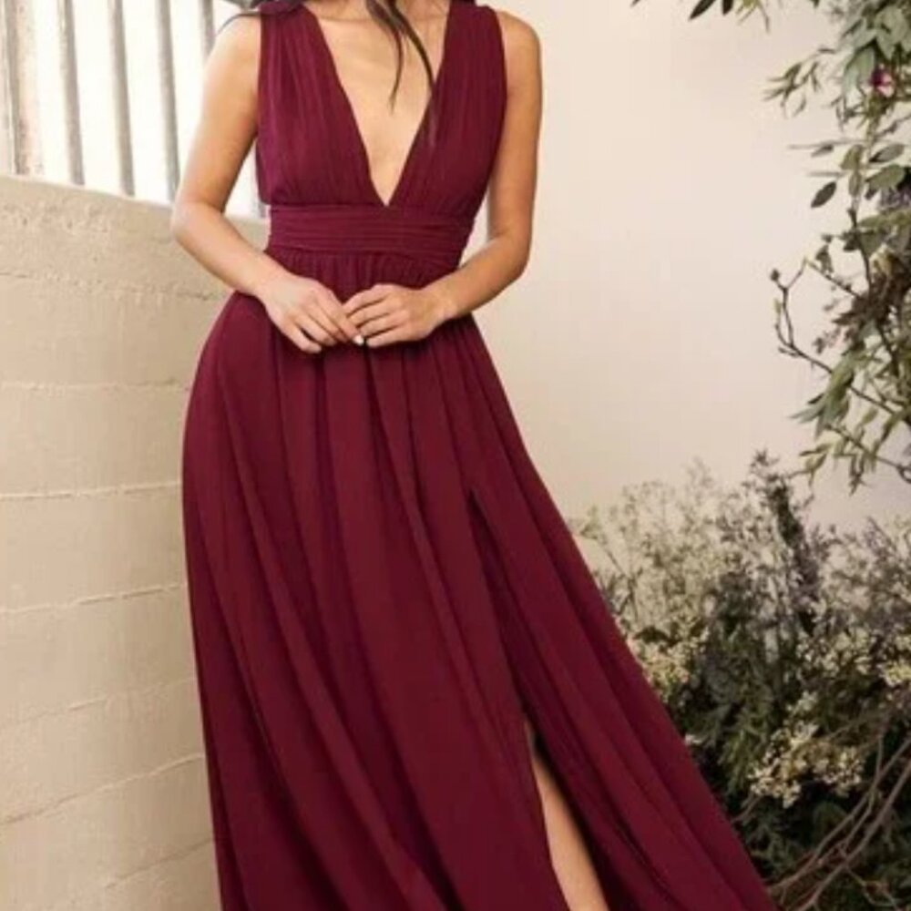 Lulu's Red Sleeveless V-Neck Maxi Gown Heavenly Hues Burgundy Size XS